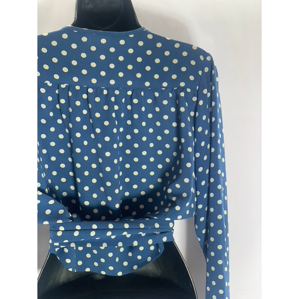 FIVESEVENTYFIVE Women's Blue/White Polka Dot Long Bell Sleeve Wrap Top SZ S