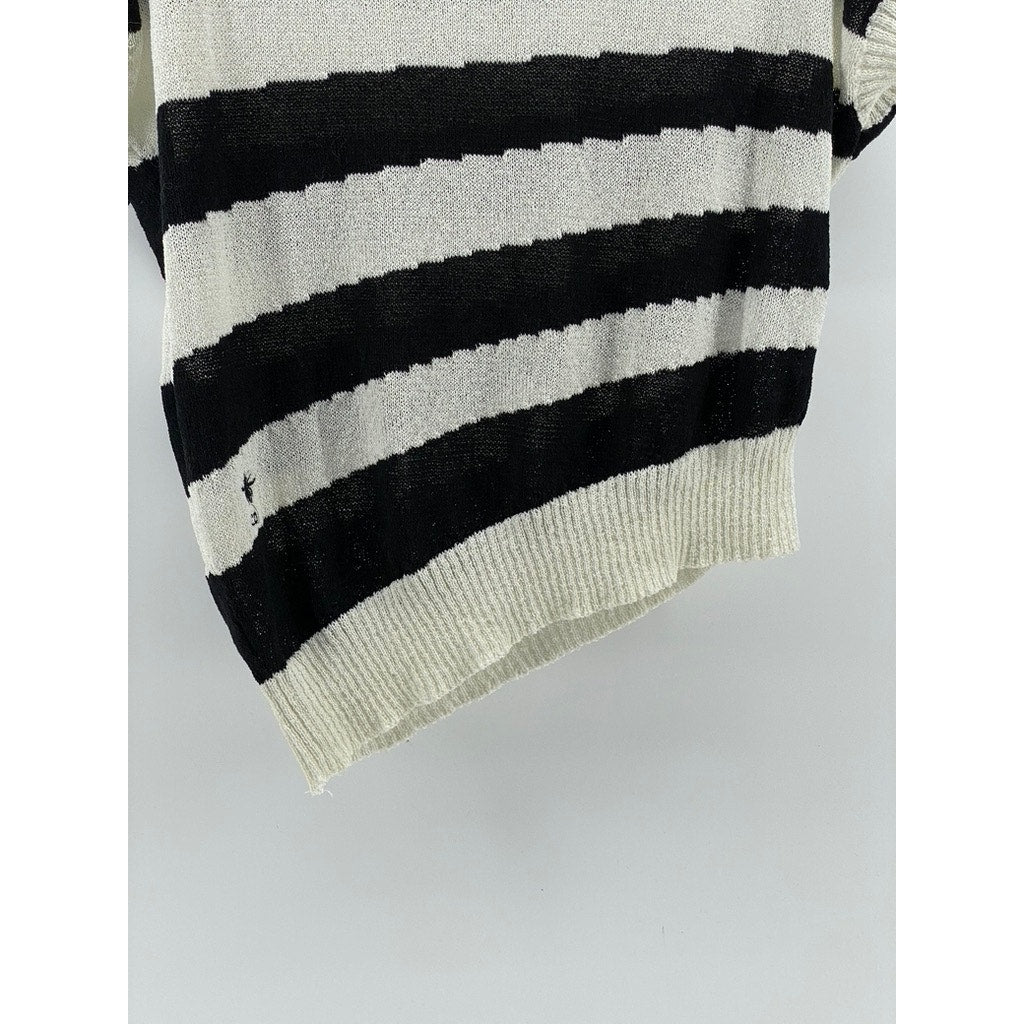 LX STUDIOS Women's Black-Cream Striped Crewneck Asymmetrical Hem Knit Top SZ S