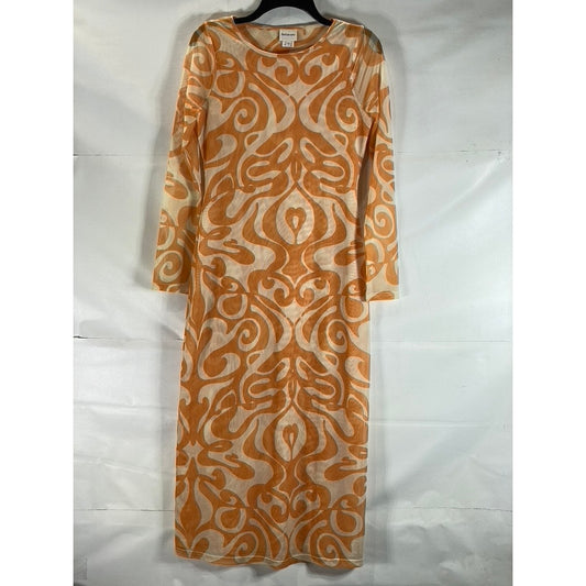 FIND ME NOW Women's Mesh Orange Creamsicle Dream On Long Sleeve Midi Dress SZ M