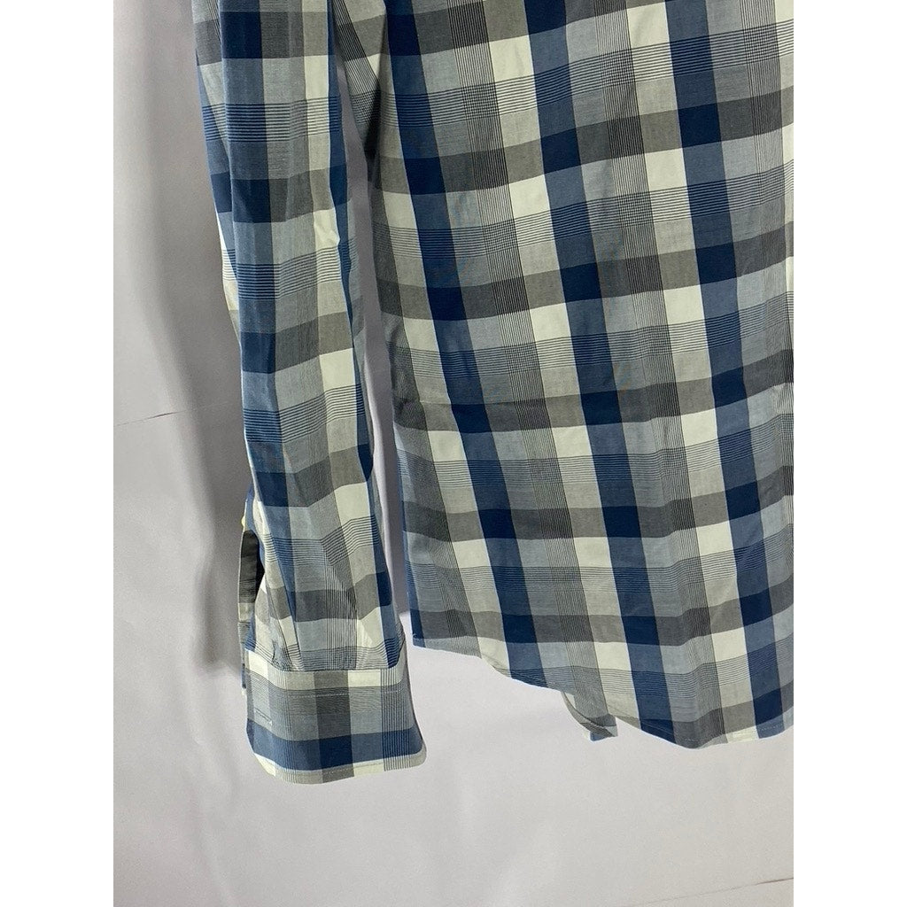 BANANA REPUBLIC Men's Blue-Gray Plaid Grant-Fit Supima Button-Up Shirt SZ M