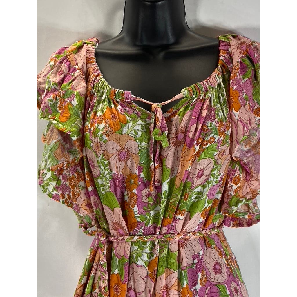 RACHEL ZOE Women's Green/Pink Floral Print Ruffle Belted Mini Dress SZ S