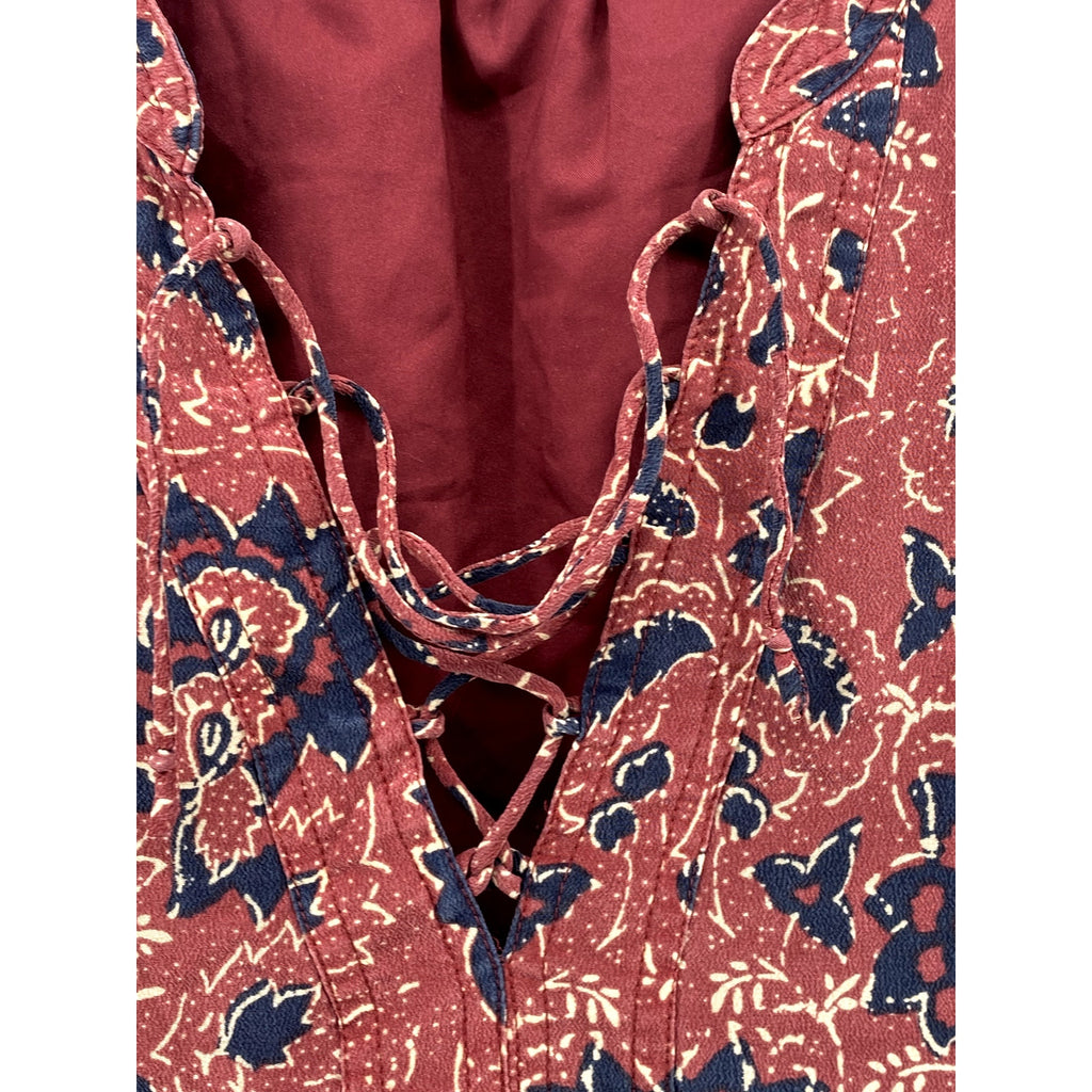 MADEWELL Women's Red Floral Silk Lace-Up V-Neck Long Sleeve A-Line Dress SZ S
