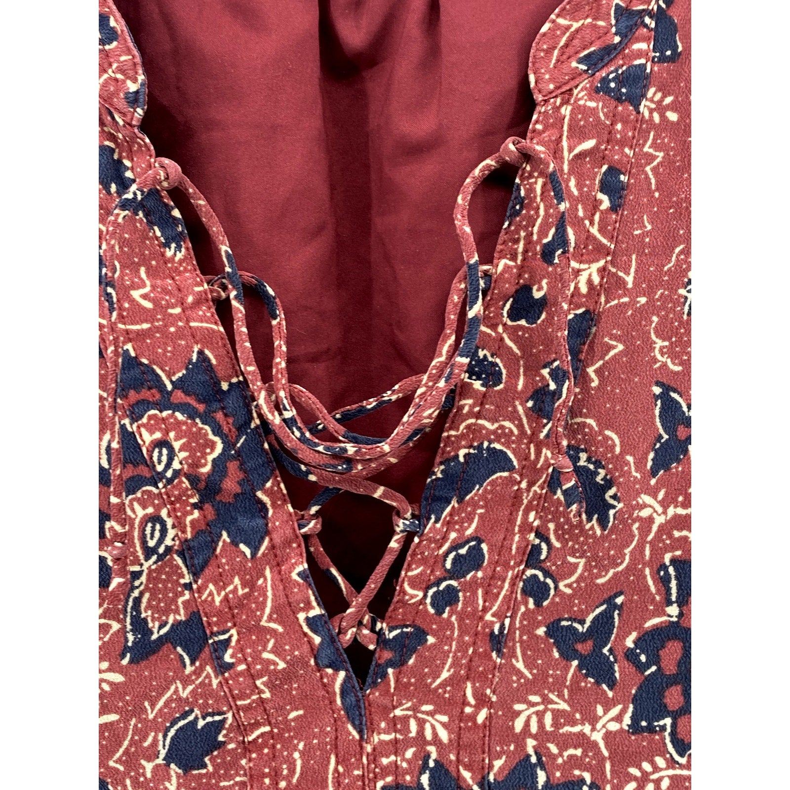 MADEWELL Women's Red Floral Silk Lace-Up V-Neck Long Sleeve A-Line Dress SZ S