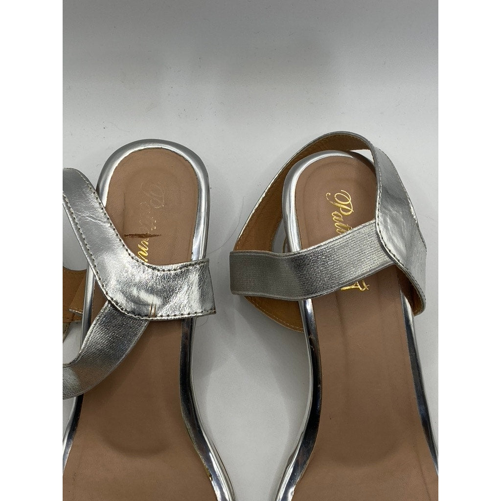 PATTERNZ Women's Silver Rhinestone Open-Toe Ankle-Strap Block Heel Sandals SZ 7