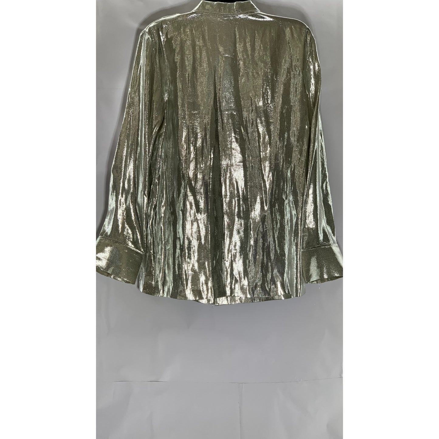 H&M Women’s Silver Silk-Blend Metallic Shimmering Button-Up Long Sleeve Top SZ 4