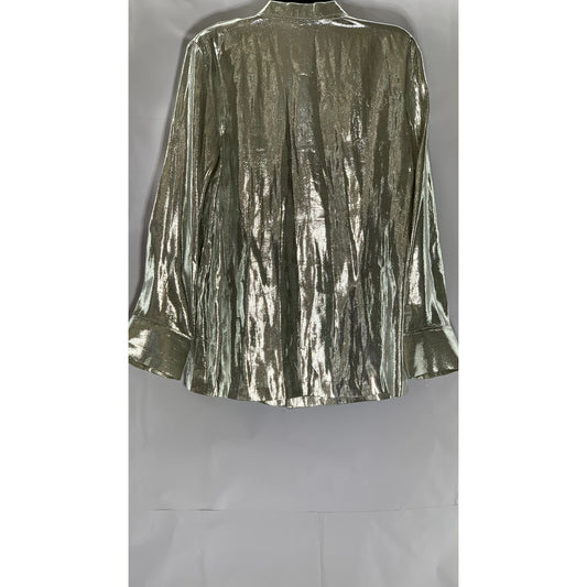 H&M Women’s Silver Silk-Blend Metallic Shimmering Button-Up Long Sleeve Top SZ 4