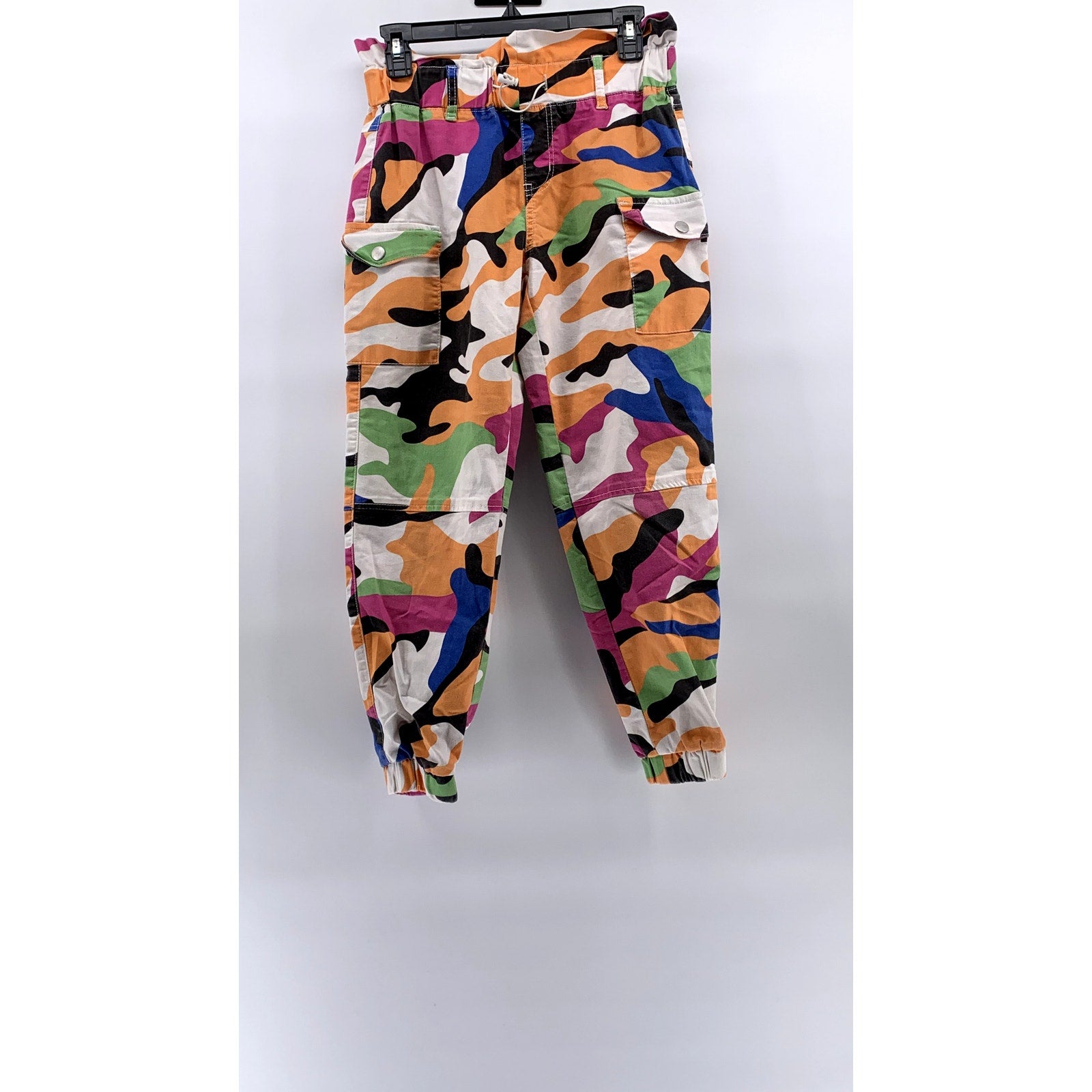 V.I.P Women's White-Multicolor Printed Bungee Cord Waist Paperbag Pants SZ 7/8