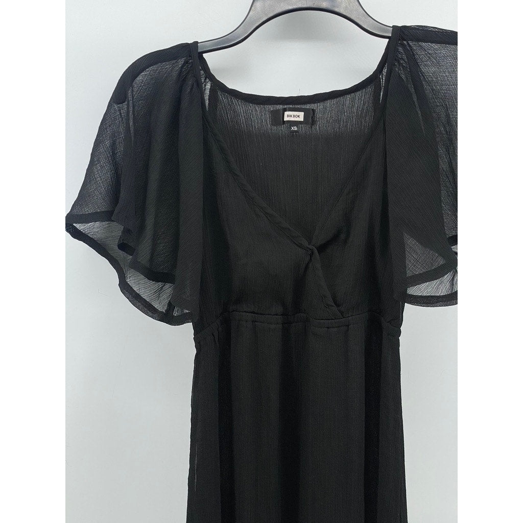 BIK BOK Women's Black Sheer V-Neck Flutter Short Sleeve Maxi Casual Dress SZ XS