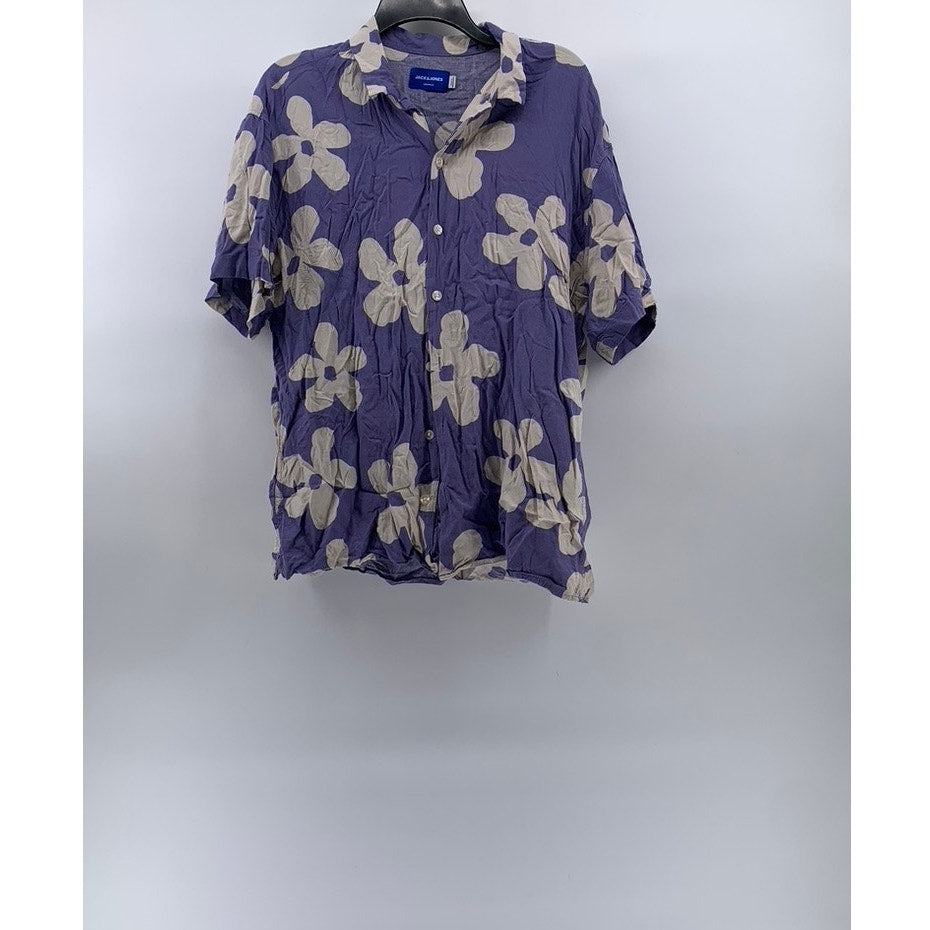 JACK & JONES Men's Blue-White Jorlagos Floral Button-Up Short Sleeve Shirt SZ L