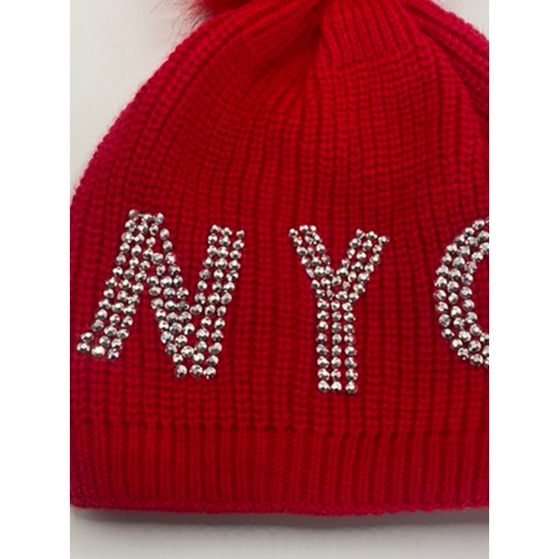 NYC Women's Red Ribbed Rhinestone Embellished Pom-Pom Faux Fur Lined Beanie SZOS