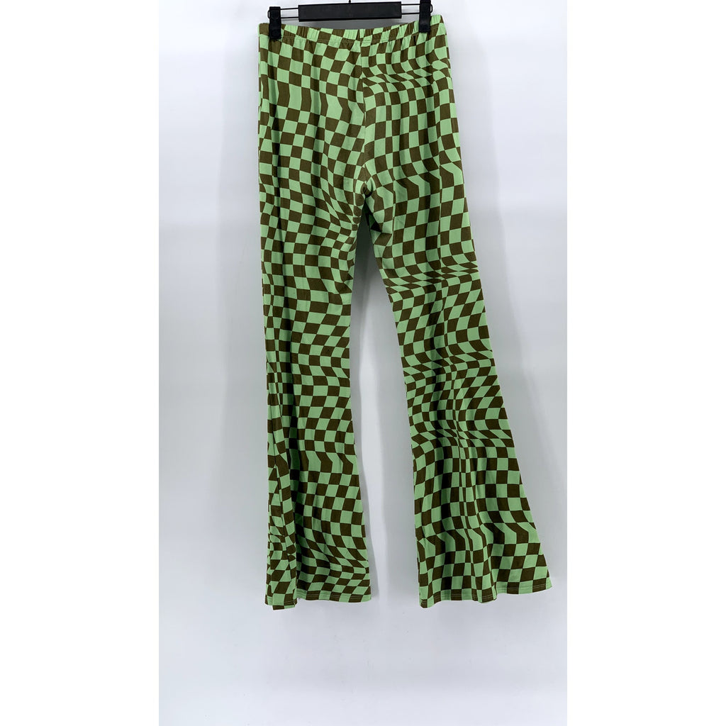 BETTER BE Women’s Green-Brown Checkered Pull-On Flared Pants SZ L