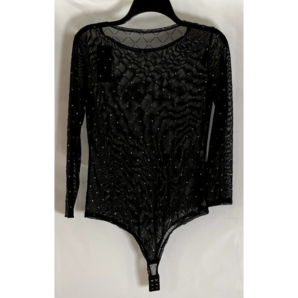 UNBRANDED Women's Black Mesh Glitter Diamond Detail Long Sleeve Bodysuit SZ S