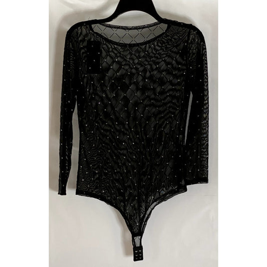 UNBRANDED Women's Black Mesh Glitter Diamond Detail Long Sleeve Bodysuit SZ S