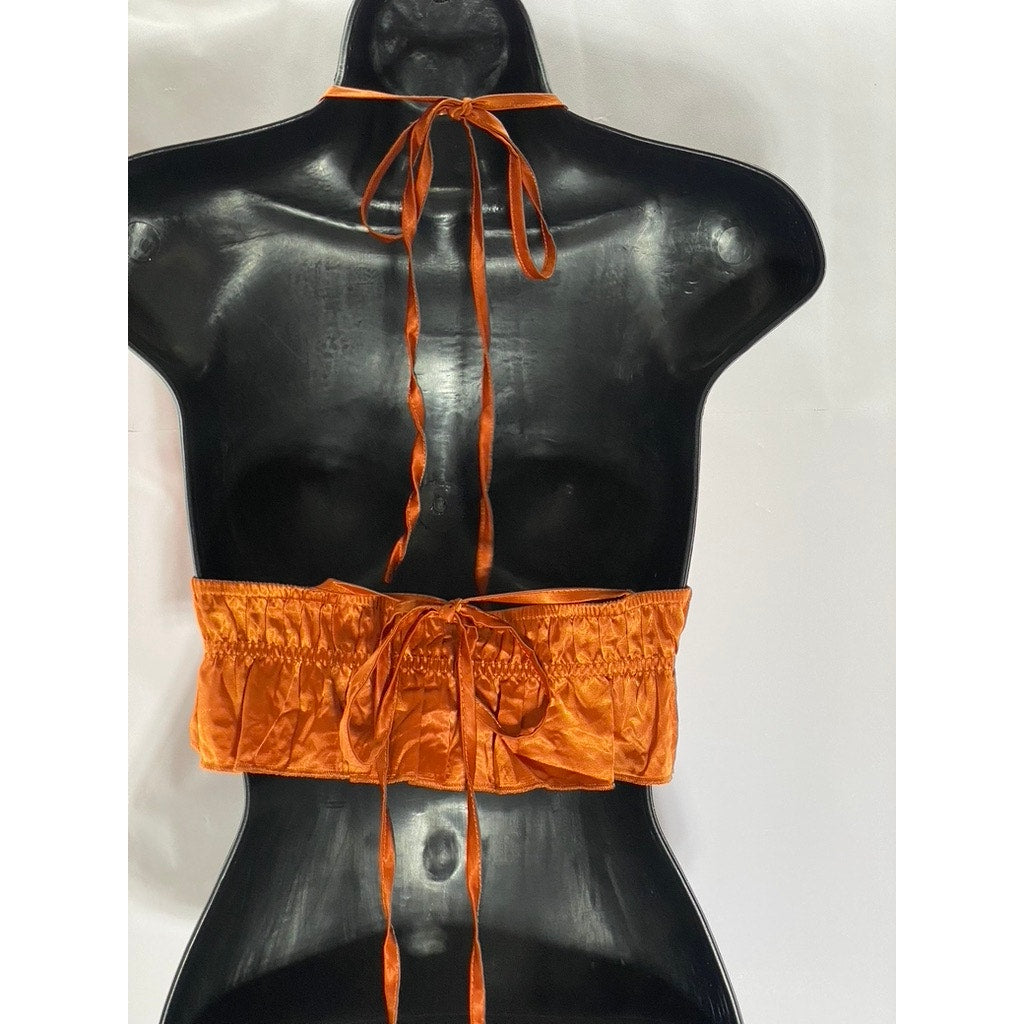 SHEIN Women's Orange Satin Open-Front Ruffle Tie-Neck Halter Crop Top SZ 2