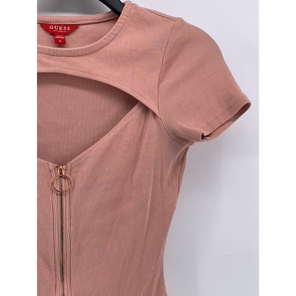 GUESS Women's Light Pink Ribbed Cutout Zip-Up Short Sleeve Top SZ S