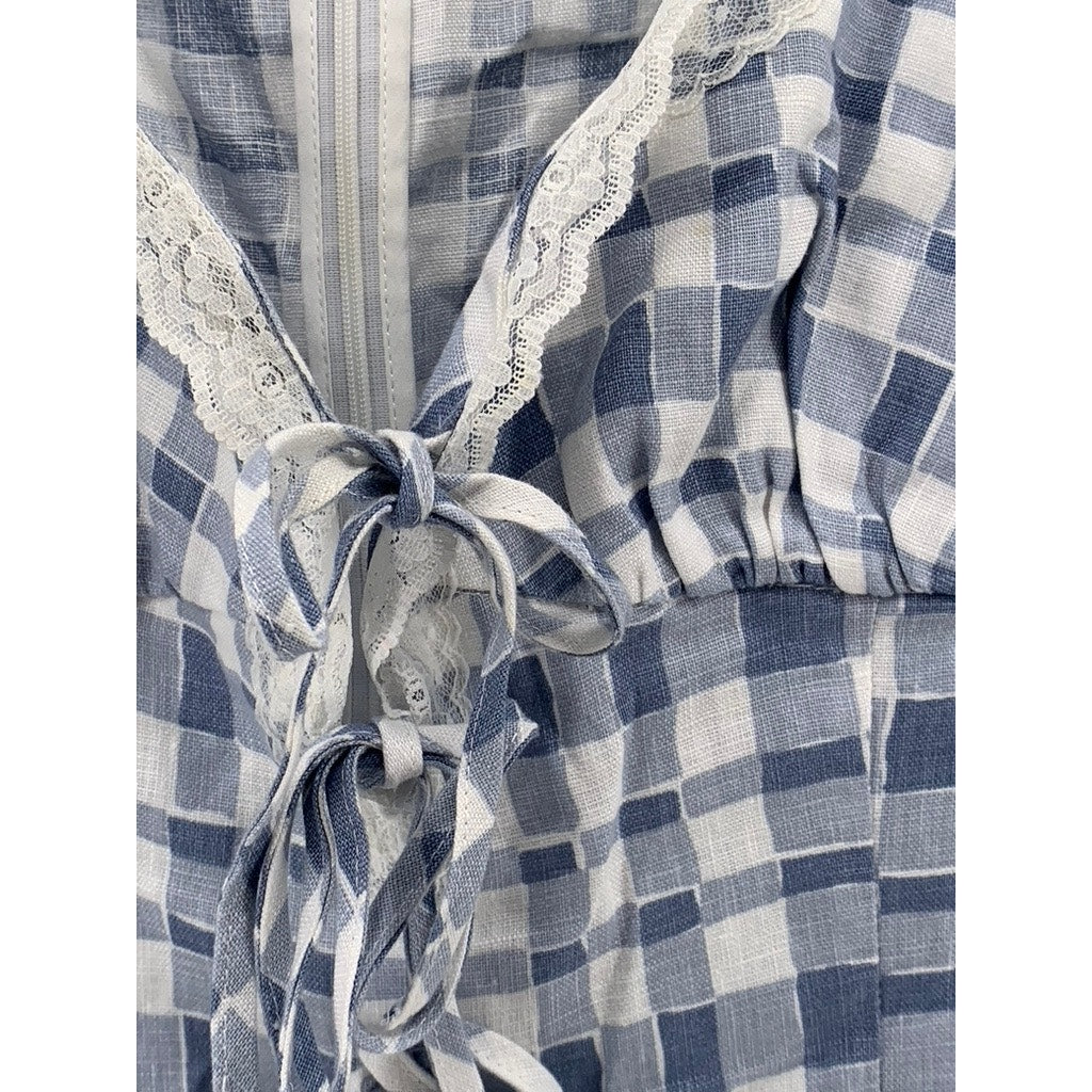 REFORMATION Women's Blue-White Checkered Reia Linen Mini Bodycon Dress SZ 0