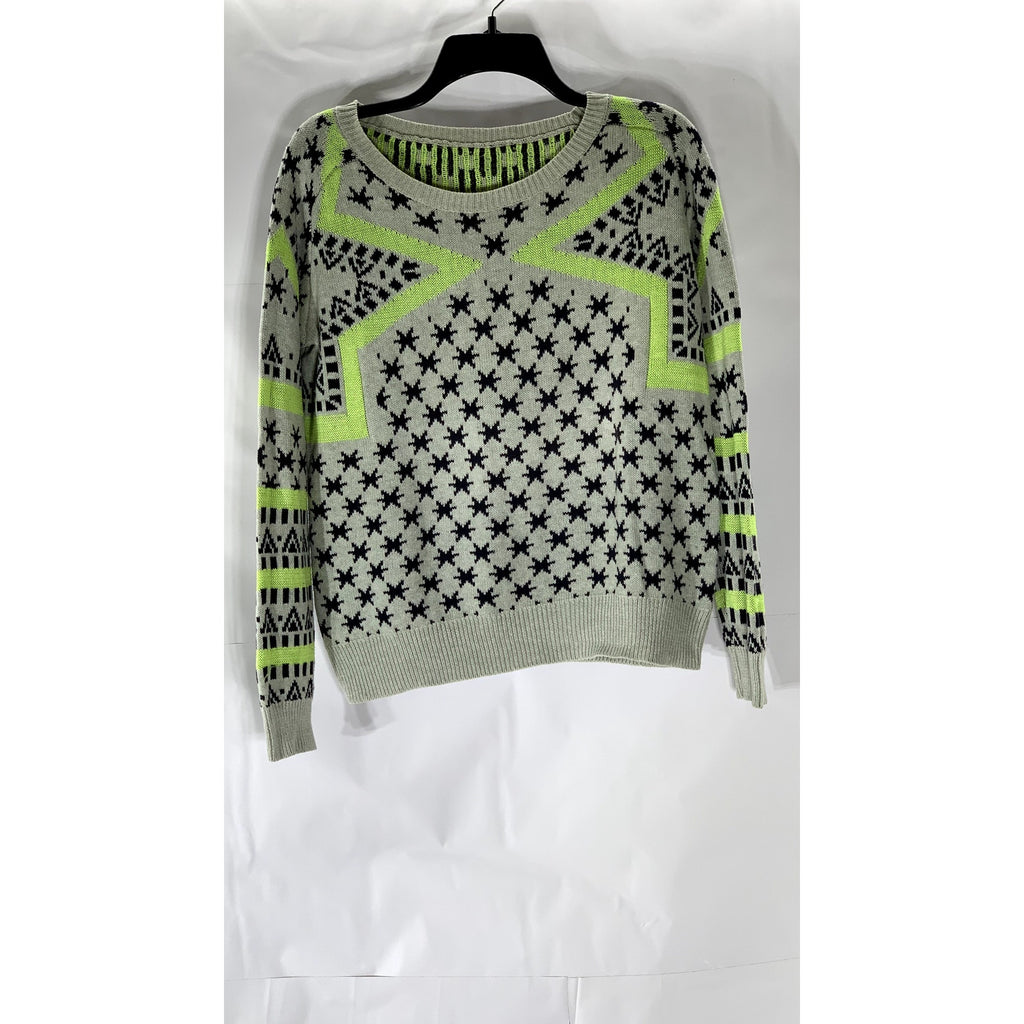 UNBRANDED Women's Gray-Neon Green Star-Print Long Sleeve Knit Sweater SZ M