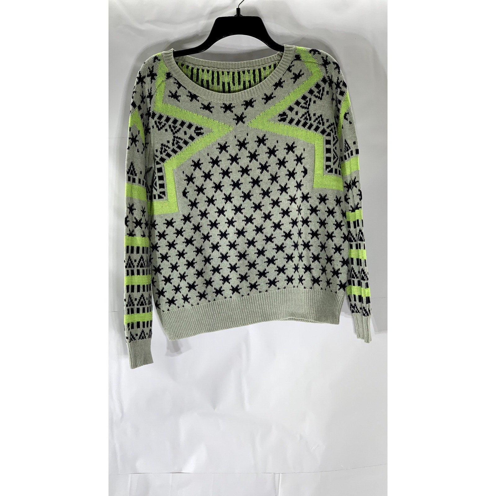 UNBRANDED Women's Gray-Neon Green Star-Print Long Sleeve Knit Sweater SZ M