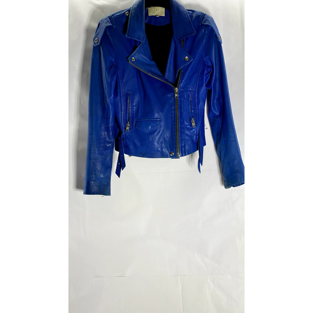 IRO PARIS Women's Dark Blue Ashville Moto Zip-Up Lamb Leather Jacket SZ 1(XXS)