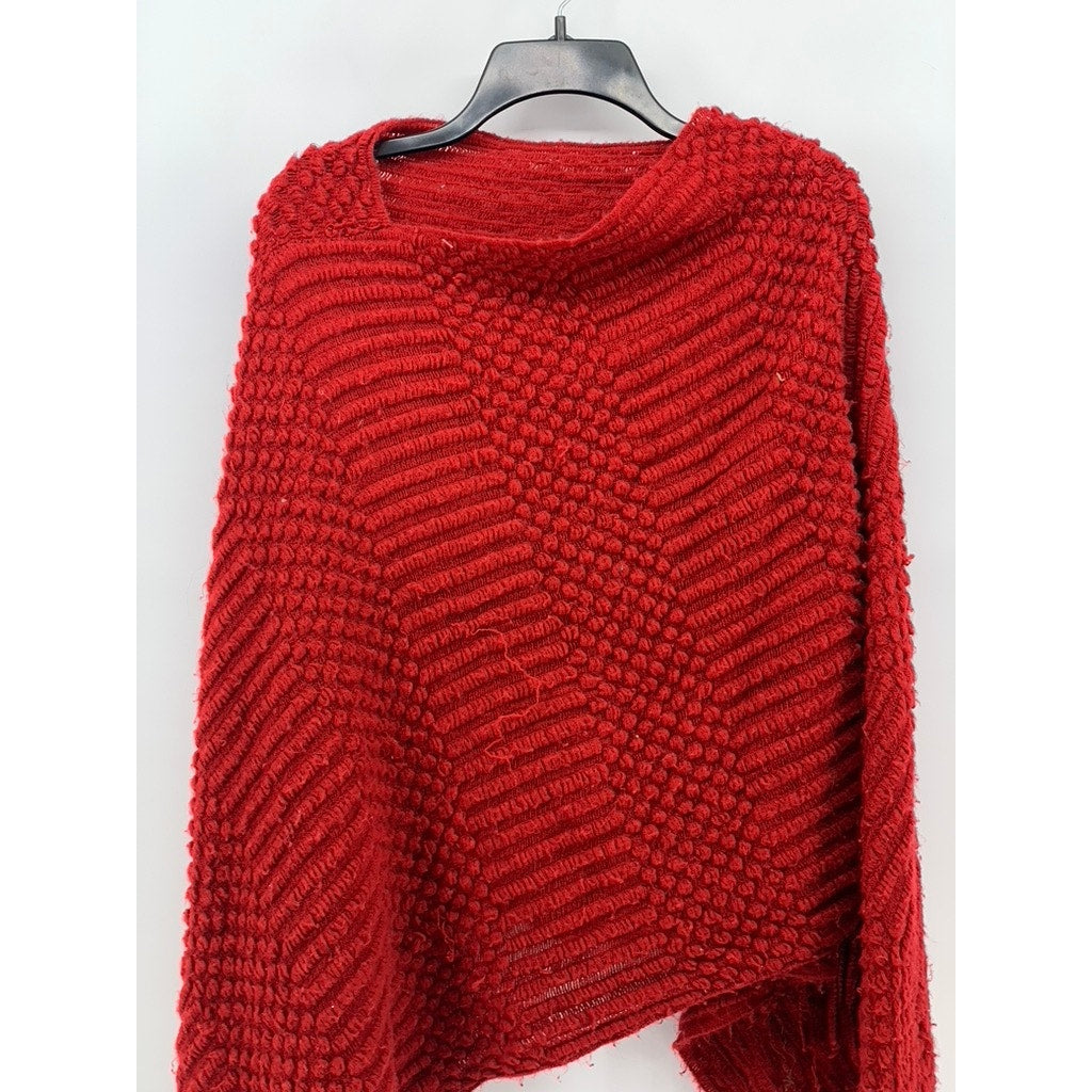 UNBRANDED Women's Red Textured Knit Asymmetrical Fringe Pullover Poncho SZ OS