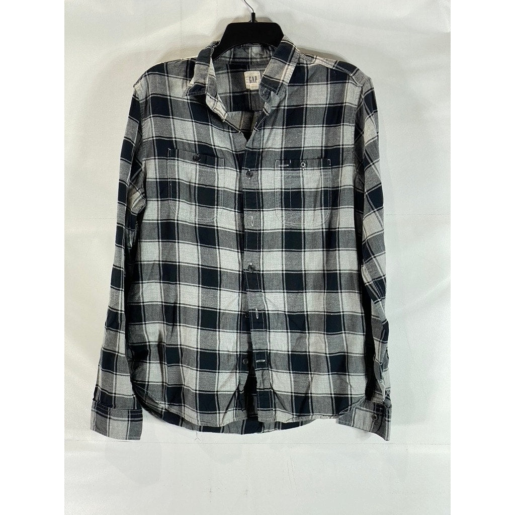 GAP Men's Black/Gray Standard Fit Button-Up Flannel Buffalo Plaid Shirt SZ M
