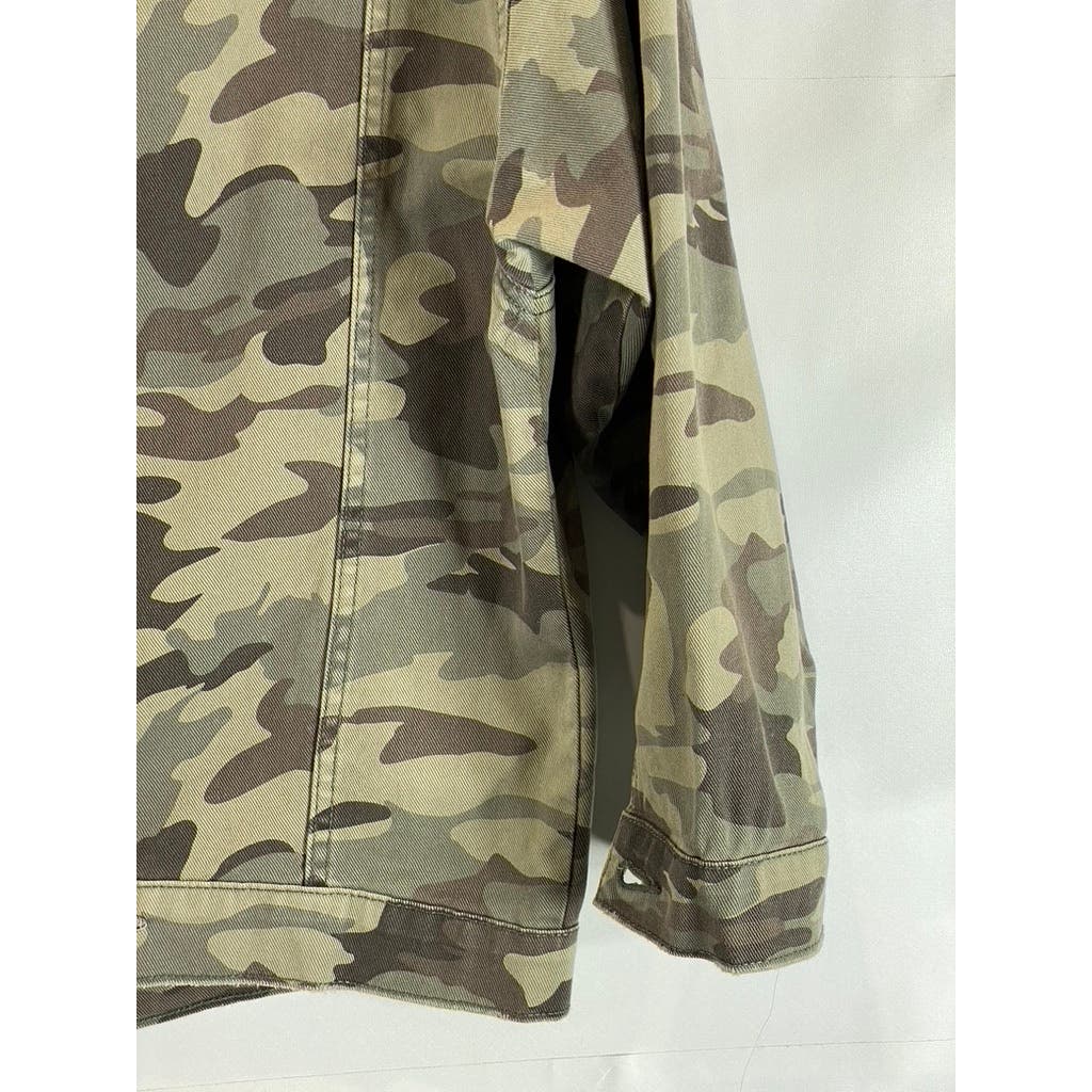 ZARA Z1975 DENIM Women's Green Camo Sequin Distressed Button-Up Jacket SZ M