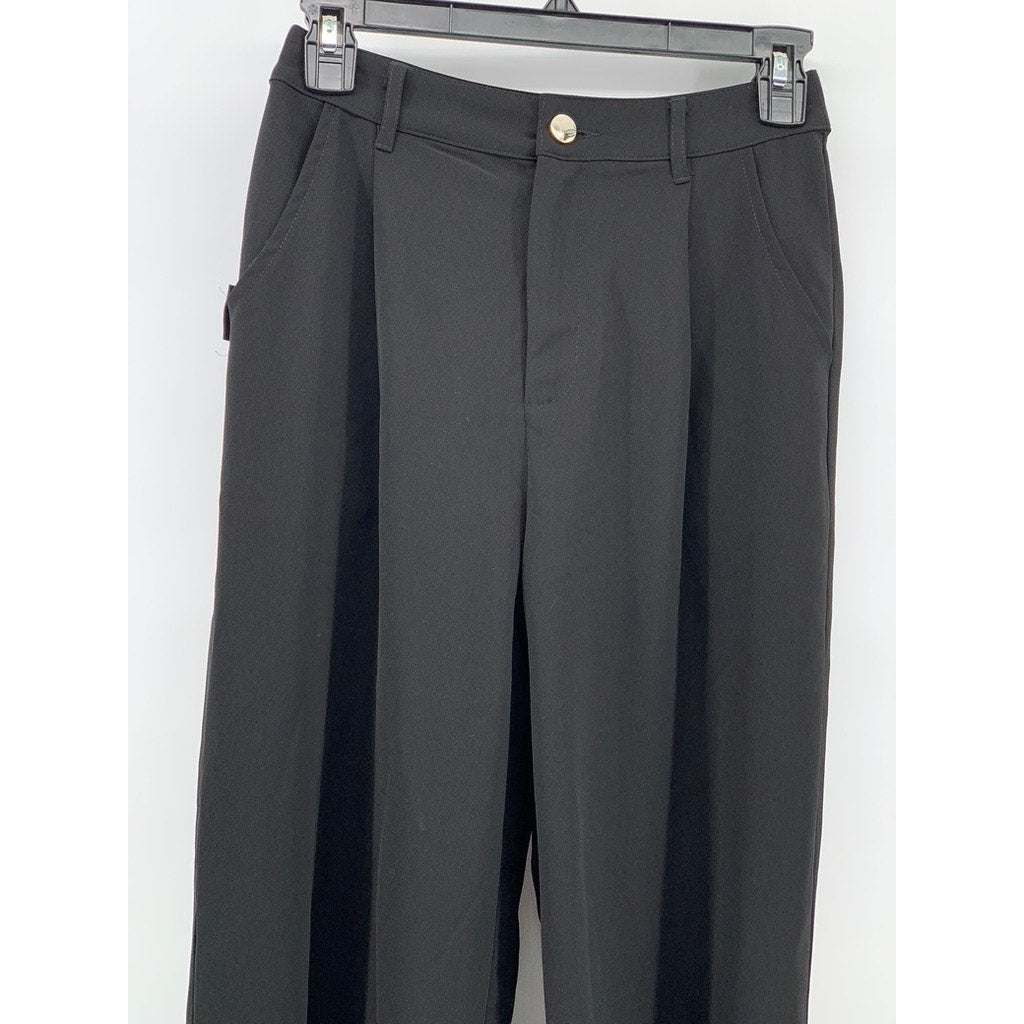 FUZZYKON Women's Black Pleated Straight-Leg Pants SZ S