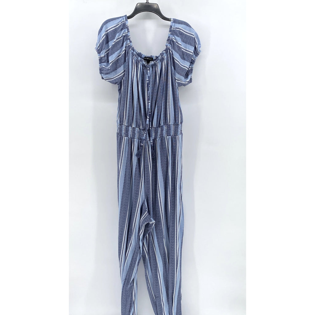 DEREK HEART Women's Blue Plus Striped Short Sleeve Jumpsuit SZ 2X