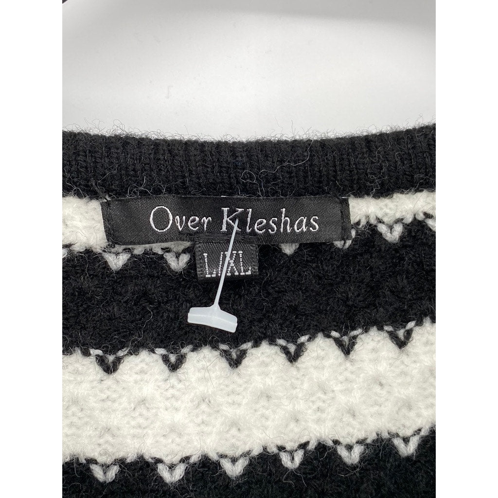 OVER KLESHAS Women’s Black-White Collared Knit Striped Sweater SZ L/XL