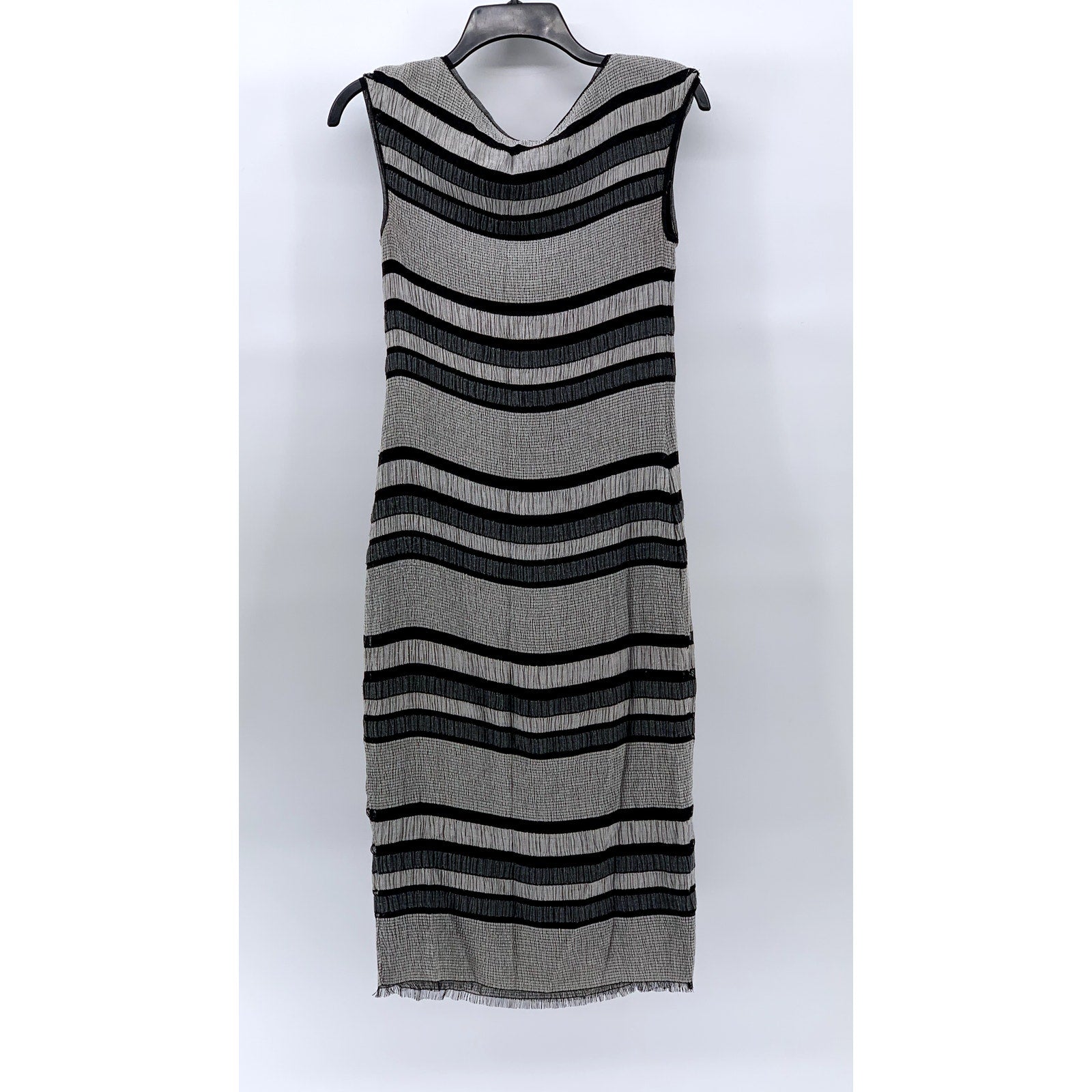 MAX STUDIO Women's Black-Gray Striped Fringe Scoopneck Sleeveless Dress SZ XS