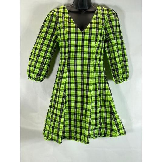CIDER Women's Black/Green Neon Plaid V-Neck Long Sleeve Mini Dress SZ S(US4)