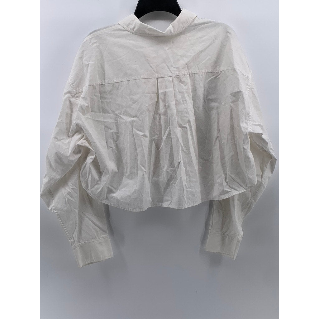 SUNDAY BEST Women's White Button-Up Long Sleeve Collared Cropped Top SZ 3