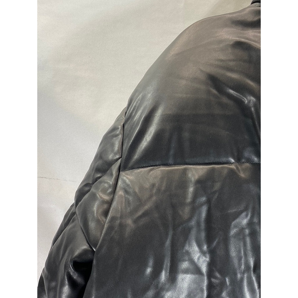 MISSGUIDED Women's Black Faux-Leather Mock-Neck Double-Closure Puffer Jacket SZ2