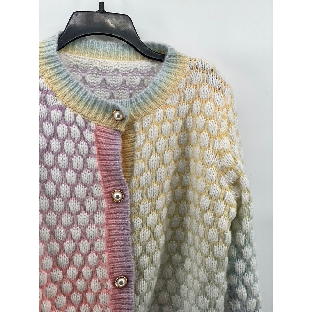 UNBRANDED Women's Multi Color Knit Faux-Pearl Button-Up Chic Cardigan SZ M