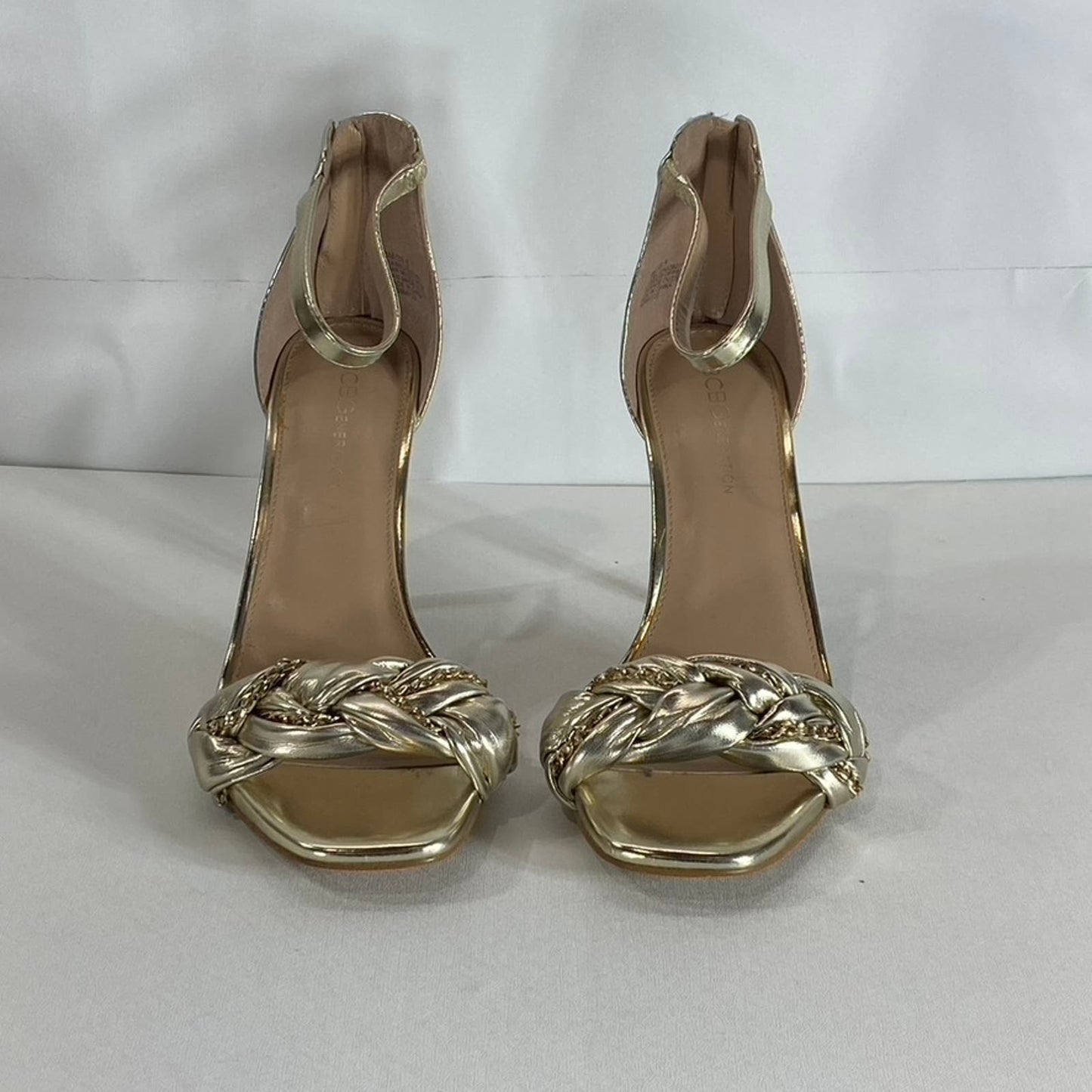 BCBGENERATION Women's Gold Metallic Isabel Braided Chain Heeled Sandals SZ 8.5