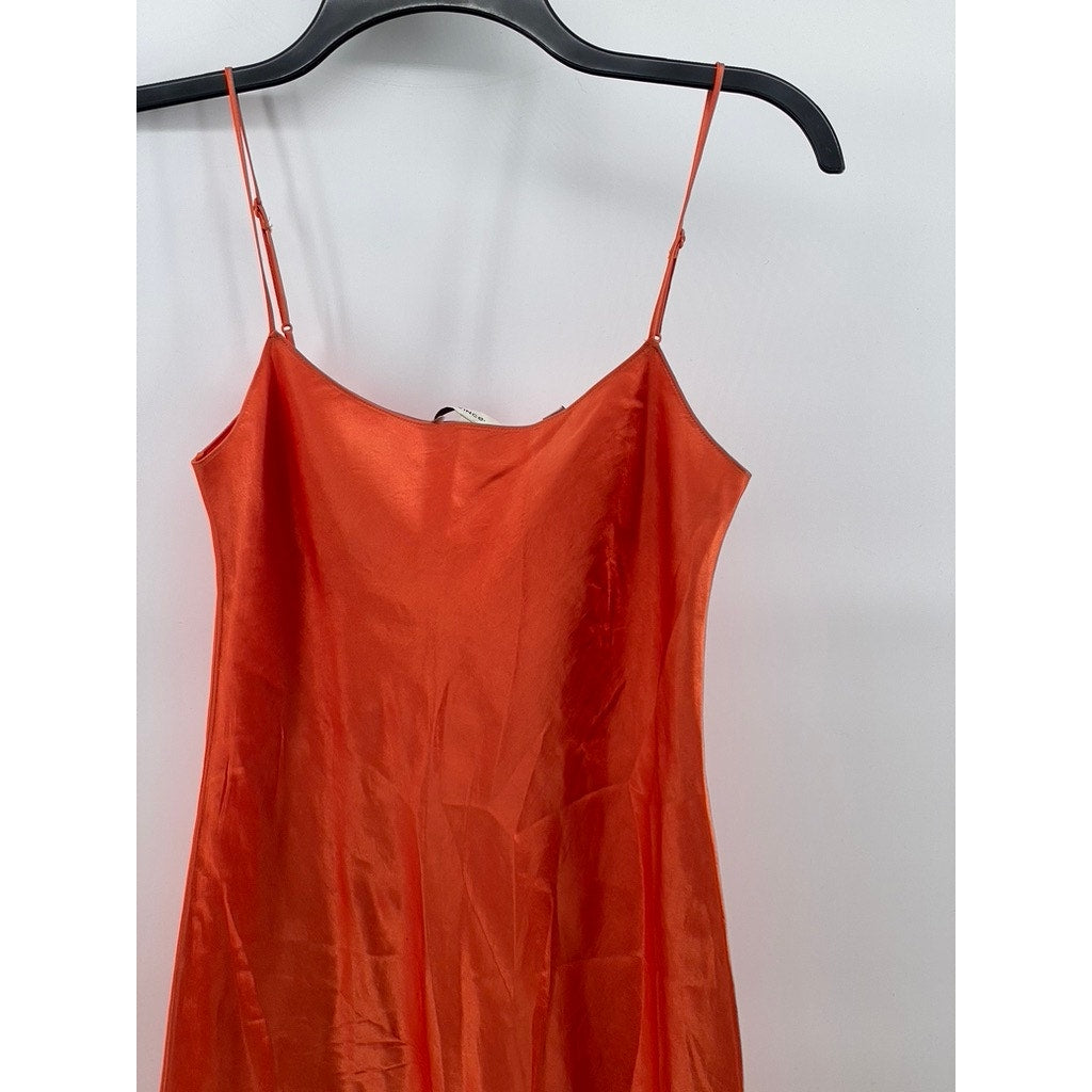 VINCE. Women's Orange Satin Straight-Neck Bias Spaghetti-Strap Slip Dress SZ 2XS
