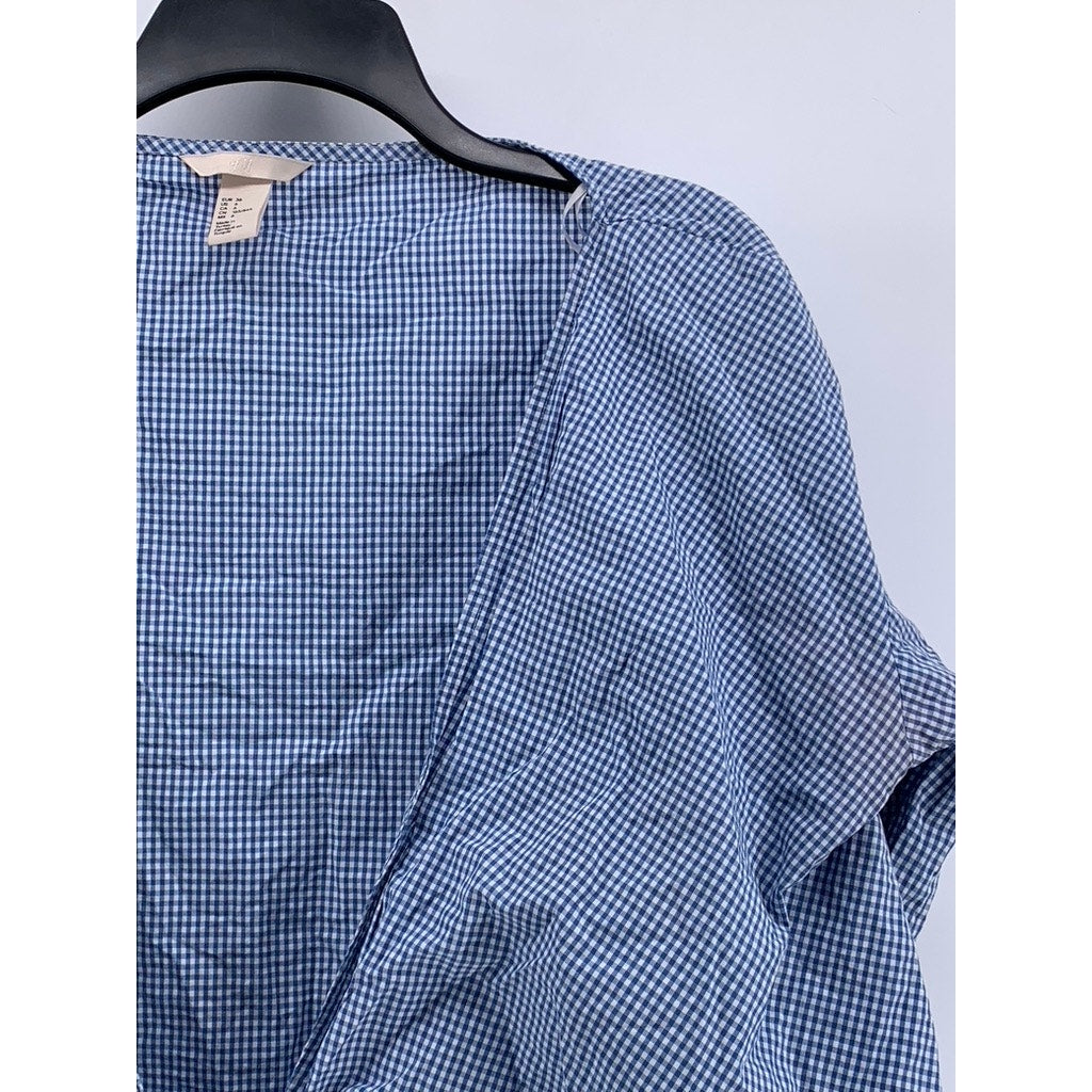 H&M Women's Blue-White Gingham Tie-Front Short Sleeve Cropped Top SZ 6