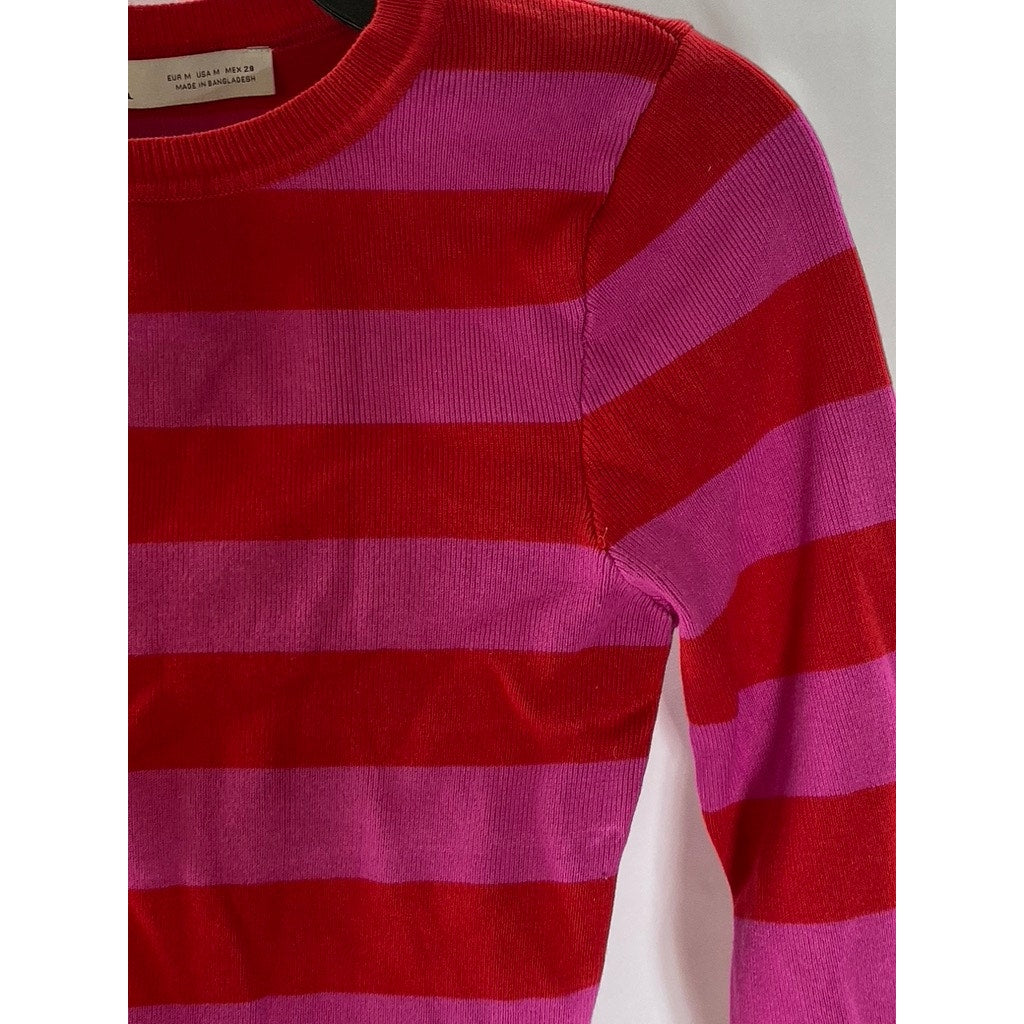 ZARA Women's Pink-Red Striped Crewneck Knit Long Sleeve Crop Top SZ M