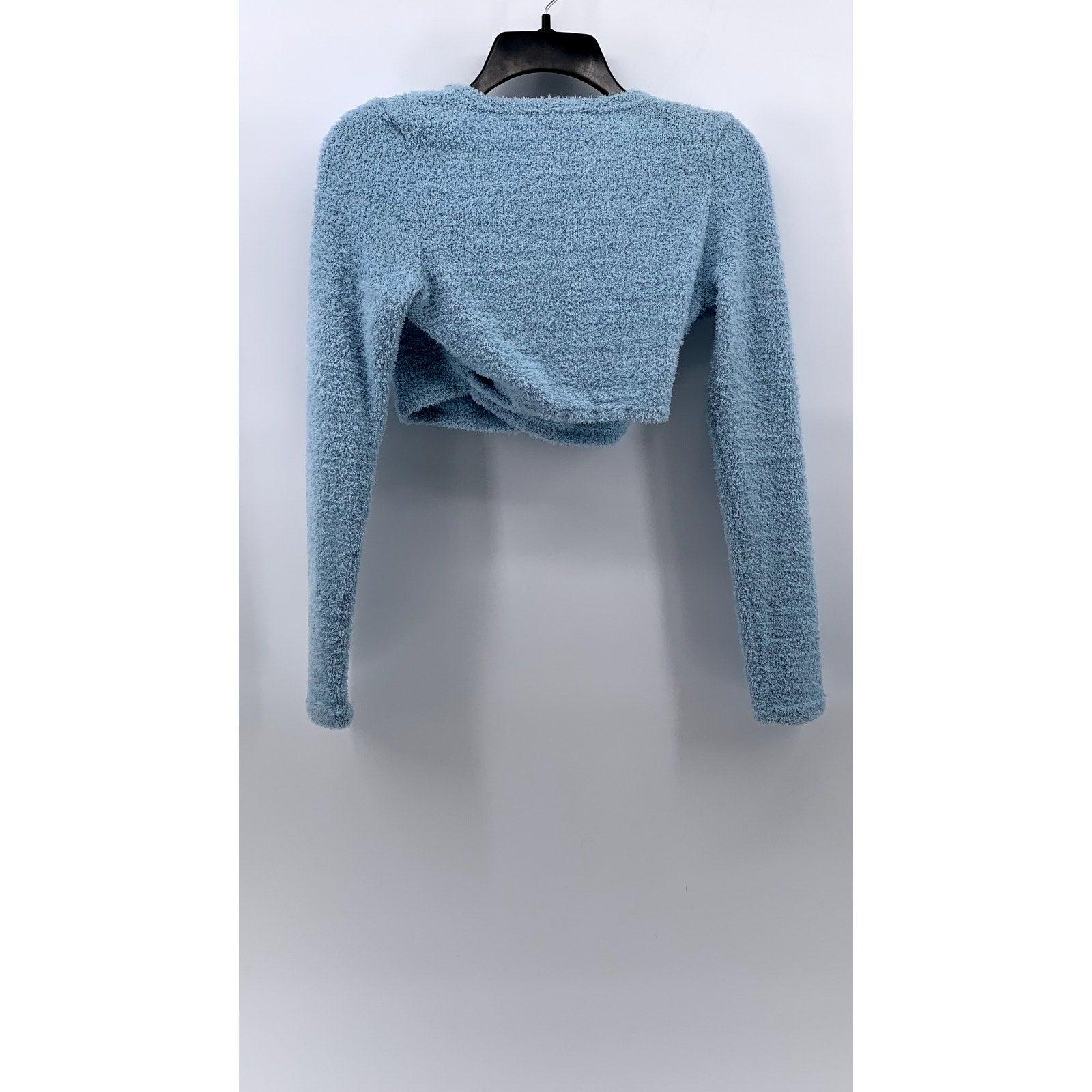 SIMPLEE Women's Blue Textured Long Sleeve Twist Front Crop Top SZ S