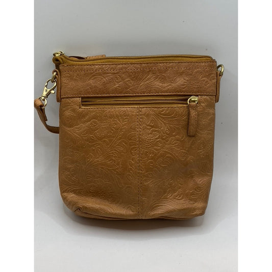 UNBRANDED Women's Tan Leather Floral Stamp Cross Body Bag SZ OS