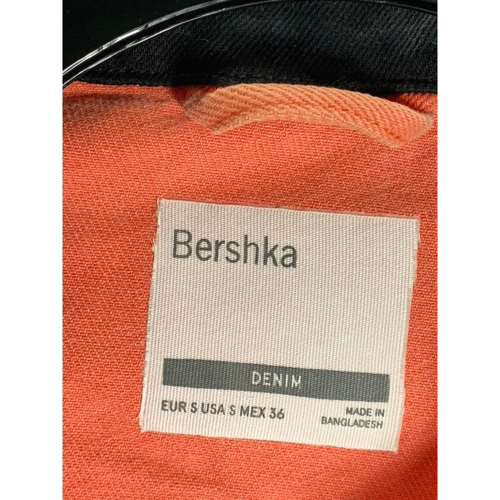 BERSHKA Men's Orange Cotton Four-Pocket Zip-Up Denim Jacket SZ S