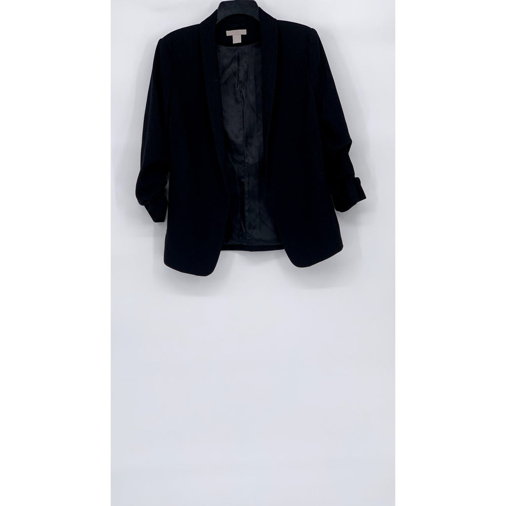 H&M Women's Black Solid Open-Front Long Ruched Sleeve Blazer SZ 6
