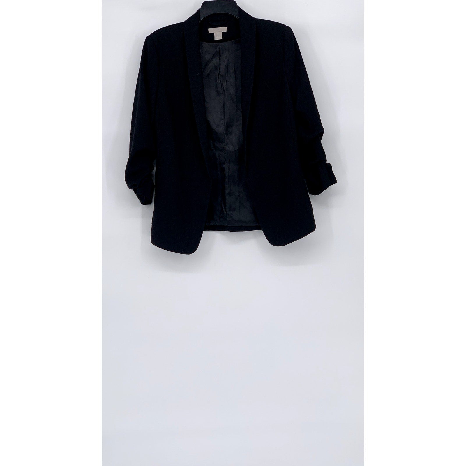 H&M Women's Black Solid Open-Front Long Ruched Sleeve Blazer SZ 6