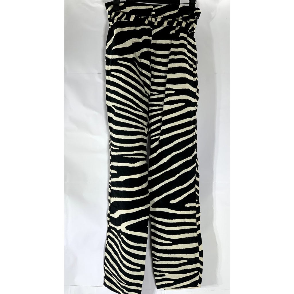 H&M Women's Black-White Zebra Linen-Blend High-Rise Belted Paper-Bag Pant SZ 4