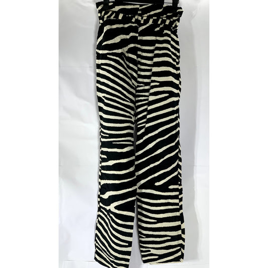 H&M Women's Black-White Zebra Linen-Blend High-Rise Belted Paper-Bag Pant SZ 4