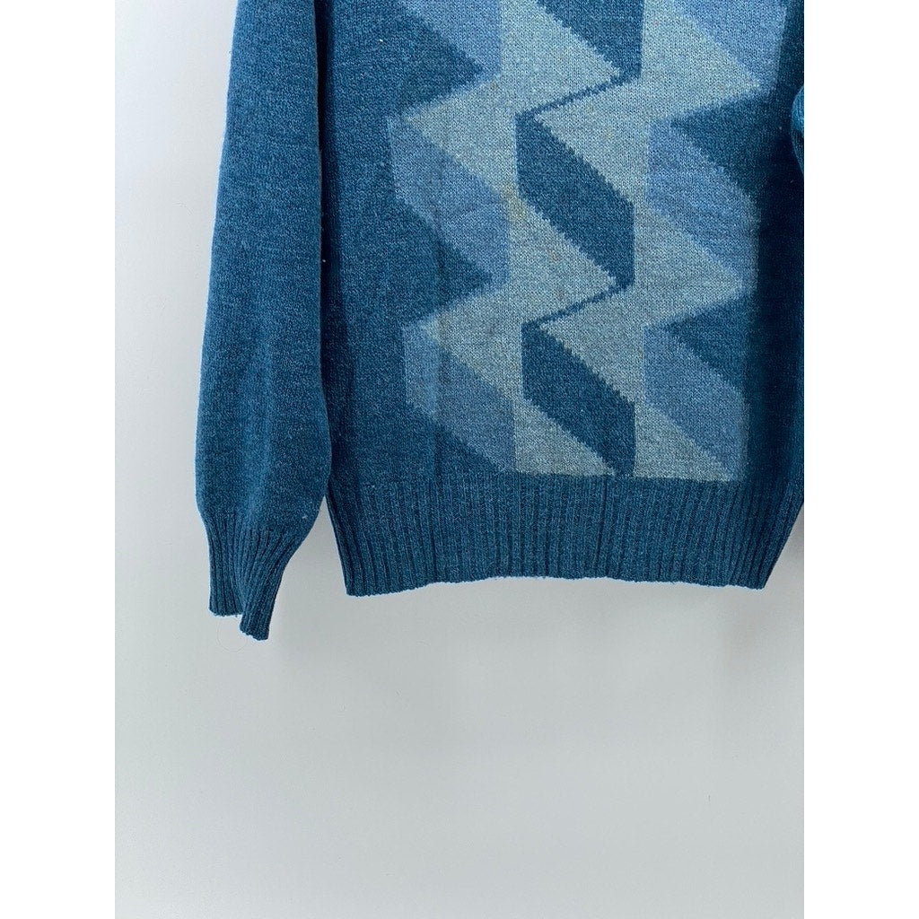 UNBRANDED Men's Blue Zig-Zag Crewneck Knit Wool-Blend Pullover Sweater SZ S