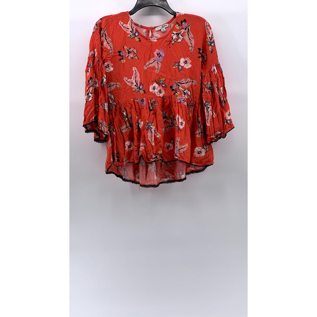 JACHS GIRLFRIEND NEW YORK Women's Red Floral Ruffle Crochet-Trim Blouse SZ XS