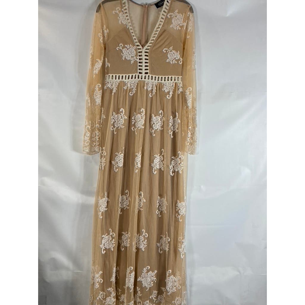 CIDER Women's Tan V-Neck Mesh Floral Lace Long Sleeve Maxi Dress SZ M(US6)