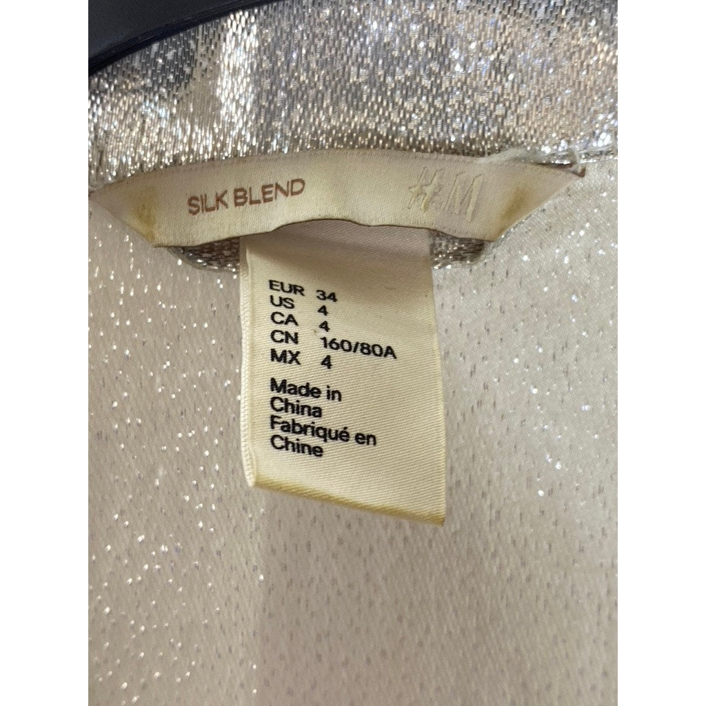 H&M Women’s Silver Silk-Blend Metallic Shimmering Button-Up Long Sleeve Top SZ 4