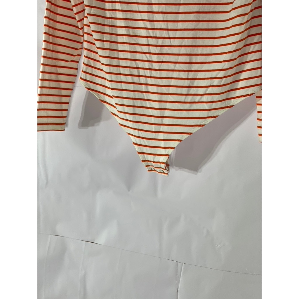 ON 34TH Women's Orange-White Striped Scoop-Neck Long Sleeve Bodysuit SZ L